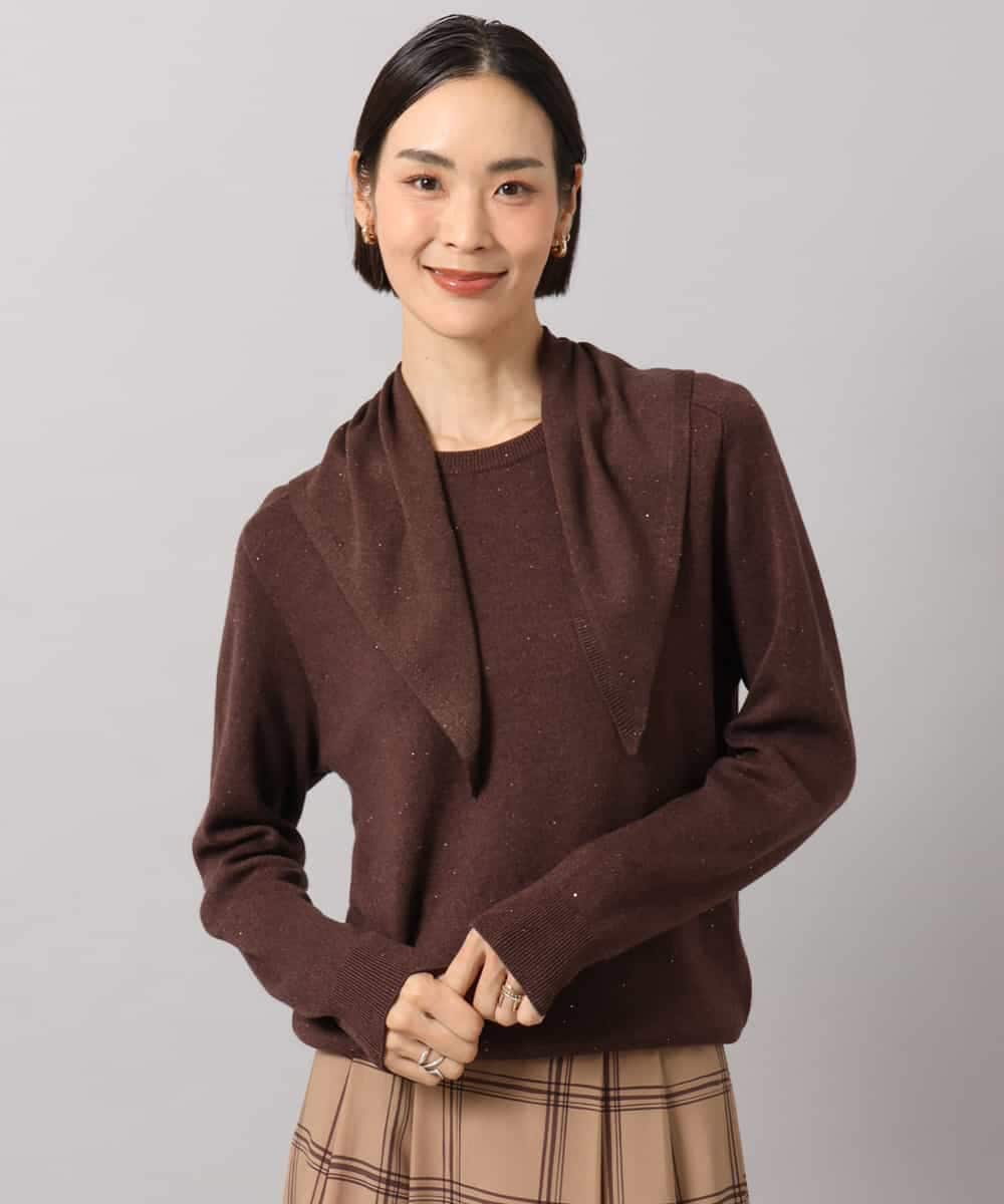 FMFAG40260 MICHEL KLEIN(ミッシェルクラン) スパンコールラメスカーフ付きニット ブラウン