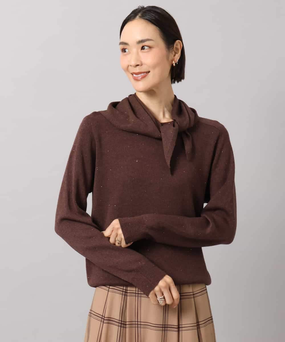 FMFAG40260 MICHEL KLEIN(ミッシェルクラン) スパンコールラメスカーフ付きニット ブラウン