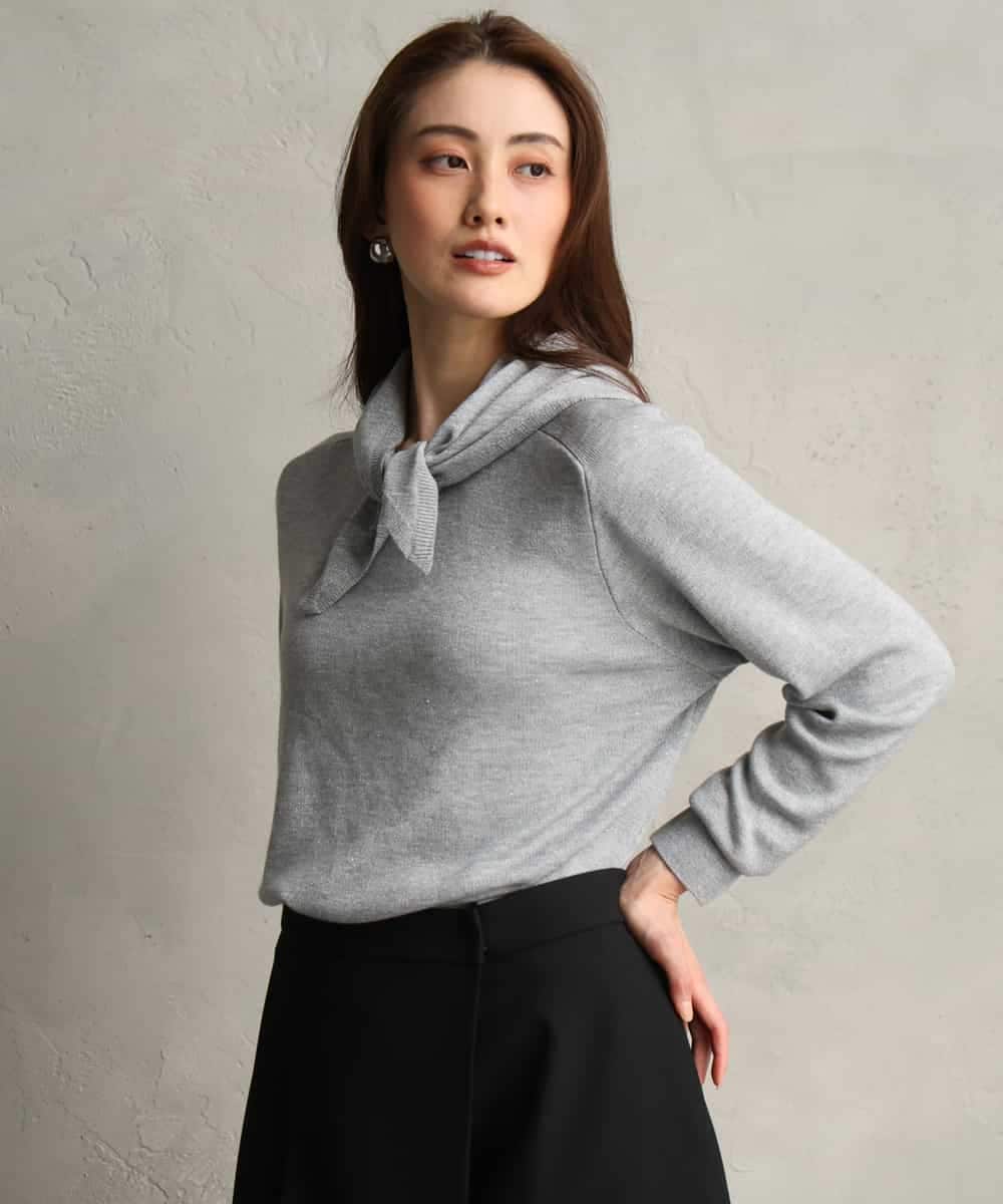FMFAG40260 MICHEL KLEIN(ミッシェルクラン) スパンコールラメスカーフ付きニット ライトグレー