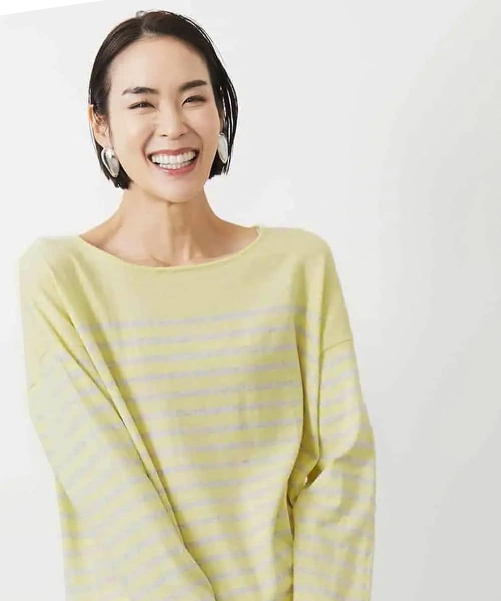 FMFBA04140 MICHEL KLEIN(ミッシェルクラン) パネルボーダーニットプルオーバー ライトイエロー×グレー