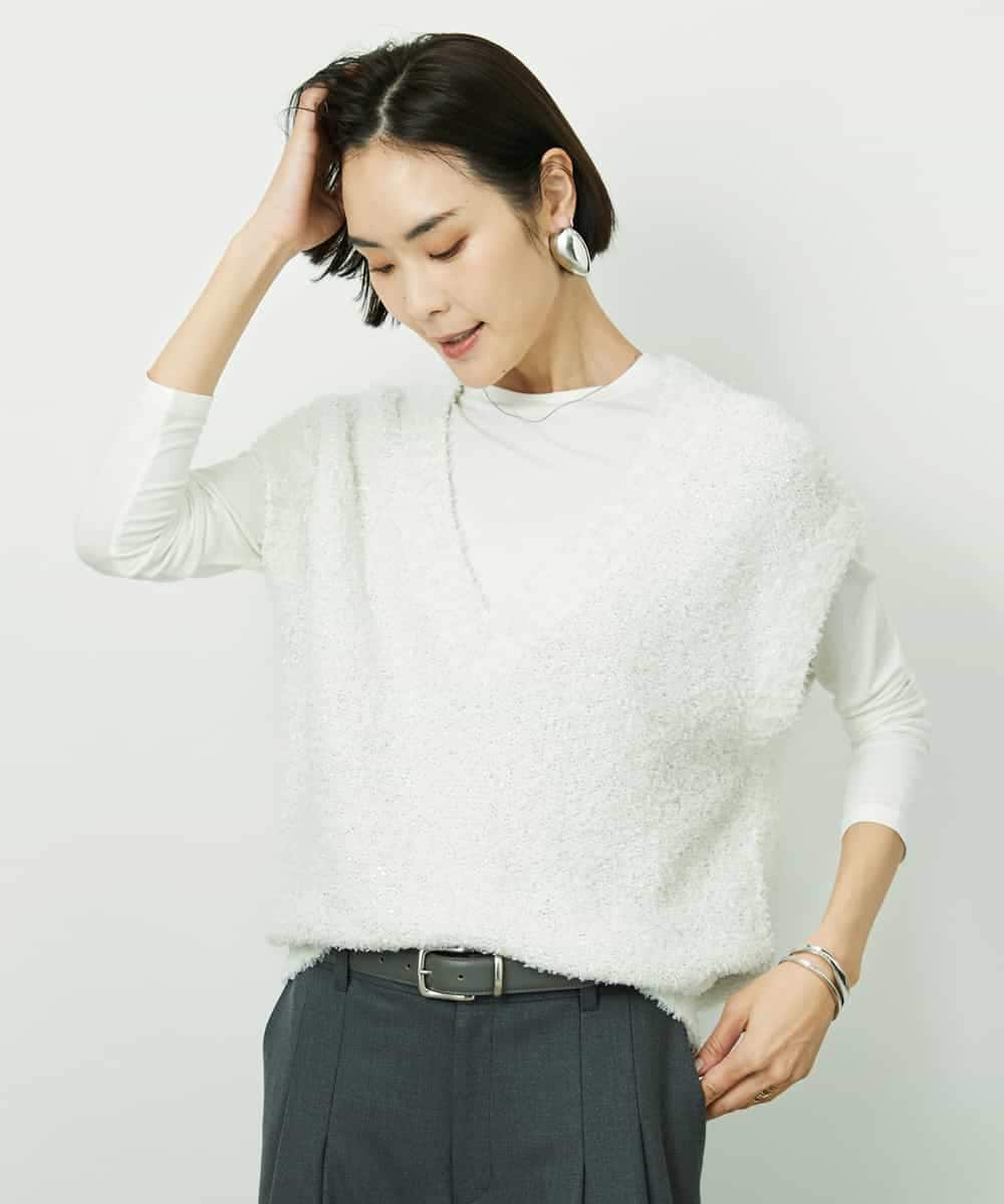 FMFDD03240 MICHEL KLEIN(ミッシェルクラン) ツィードライクVネックベスト ホワイト