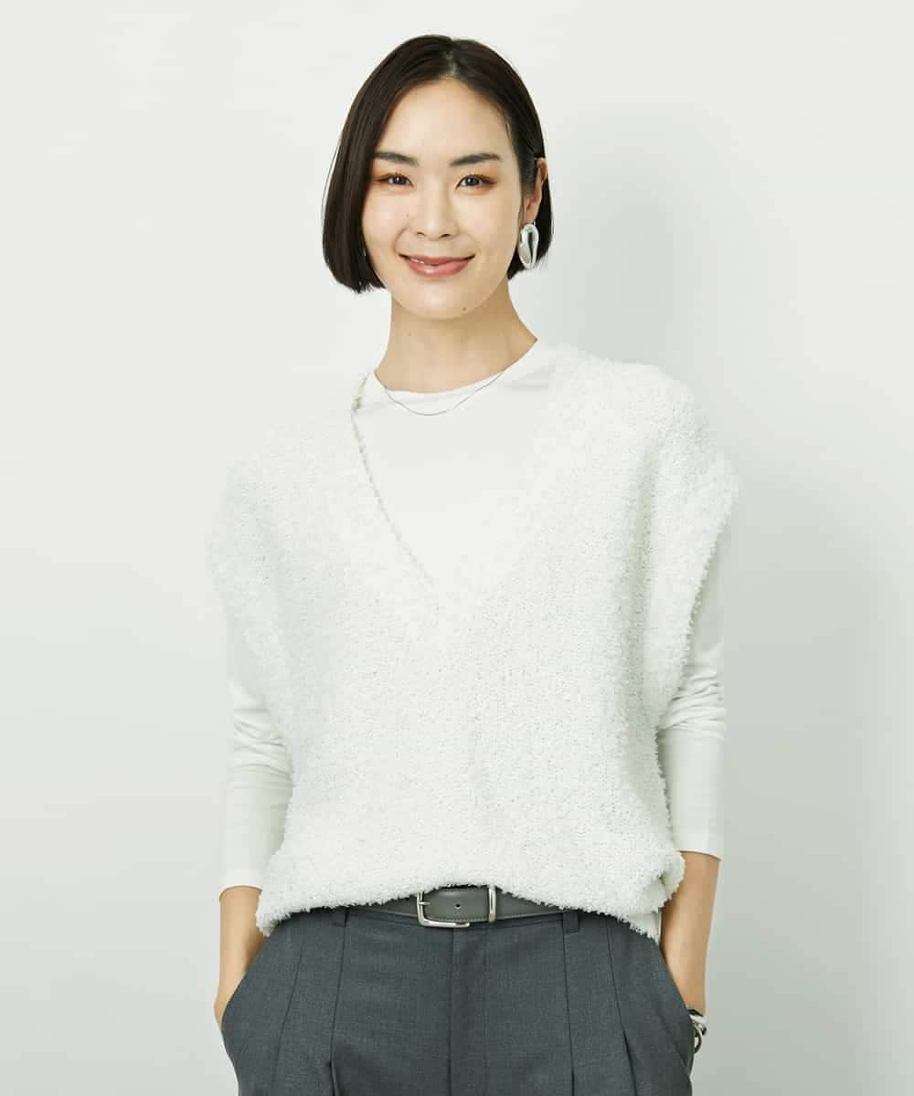 FMFDD03240 MICHEL KLEIN(ミッシェルクラン) ツィードライクVネックベスト ホワイト