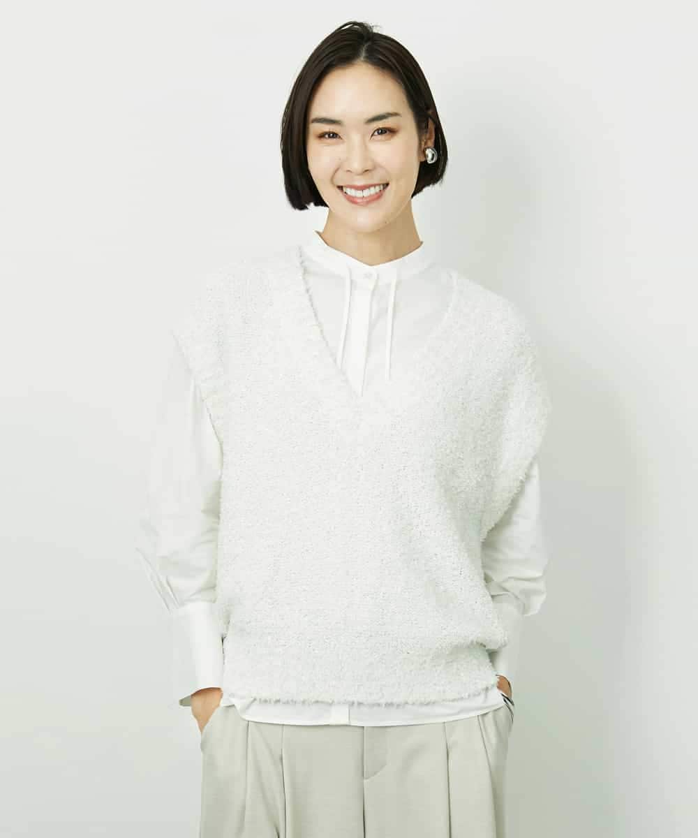 FMFDD03240 MICHEL KLEIN(ミッシェルクラン) ツィードライクVネックベスト ホワイト