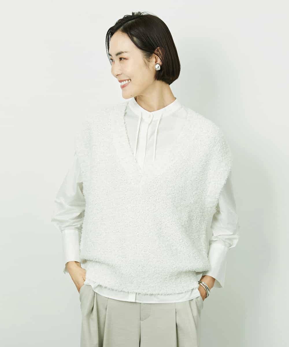 FMFDD03240 MICHEL KLEIN(ミッシェルクラン) ツィードライクVネックベスト ホワイト