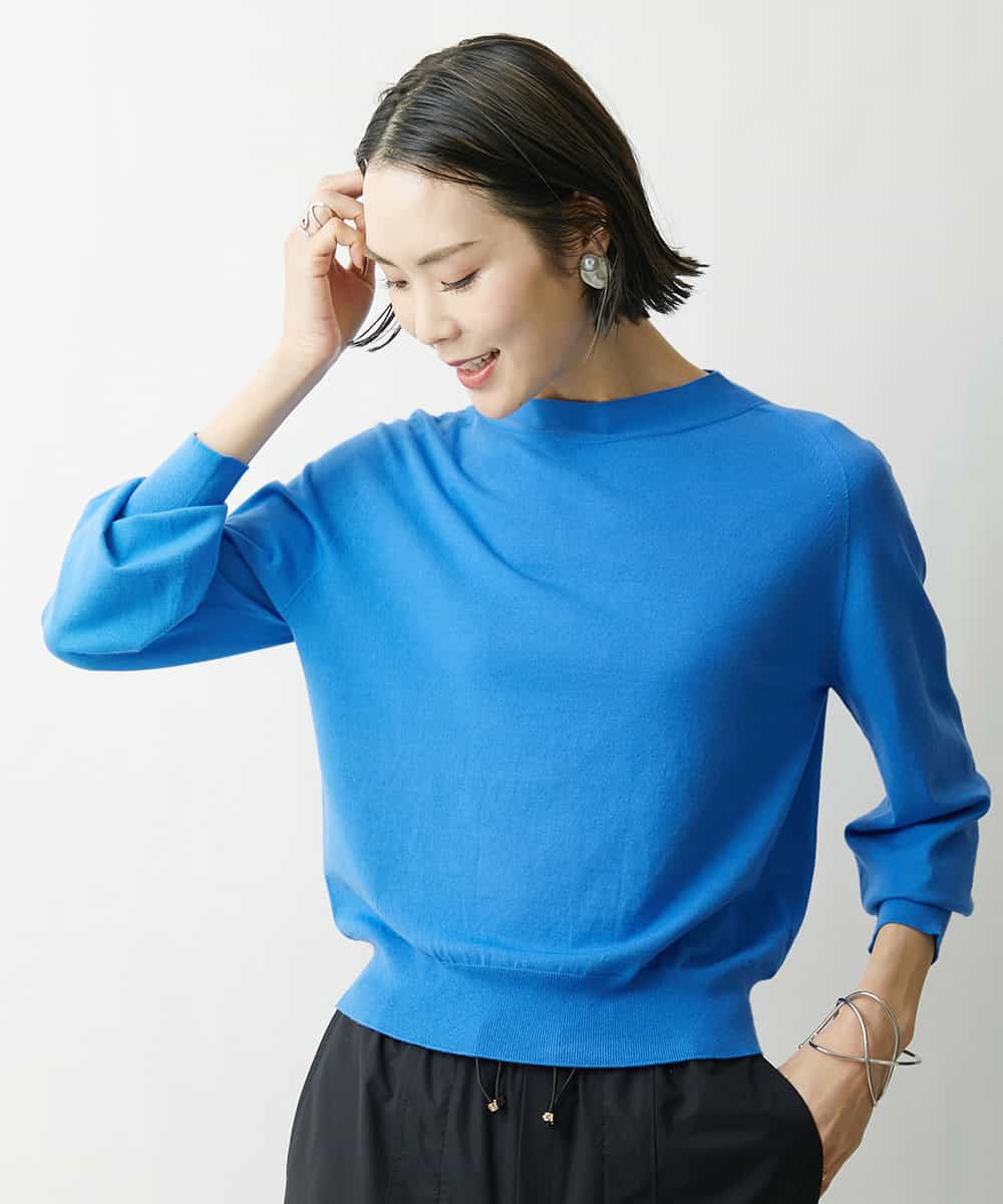 FMFDS15180 MICHEL KLEIN(ミッシェルクラン) [端境期におすすめ]ホールガーメント(R)ボトルネックニット（無地＆ボーダー） ブルー(55)