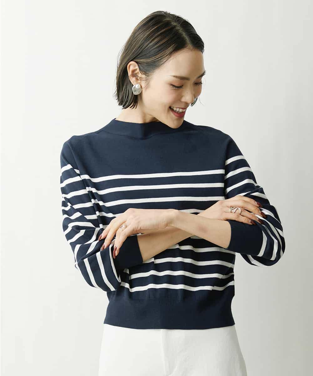 FMFDS15180 MICHEL KLEIN(ミッシェルクラン) [端境期におすすめ]ホールガーメント(R)ボトルネックニット（無地＆ボーダー） ネイビー×ホワイト(57)