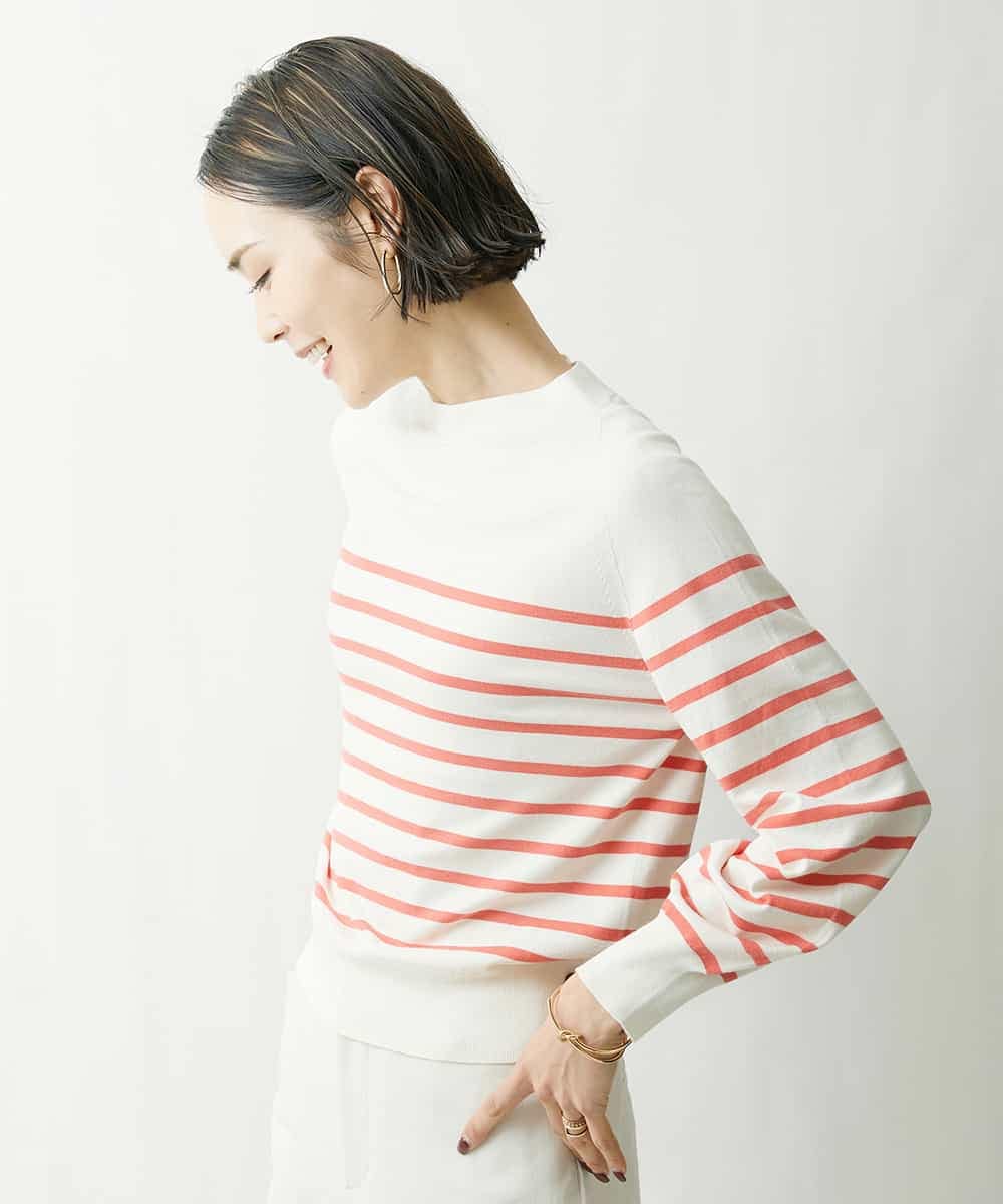FMFDS15180 MICHEL KLEIN(ミッシェルクラン) [端境期におすすめ]ホールガーメント(R)ボトルネックニット（無地＆ボーダー） ネイビー×ホワイト(57)