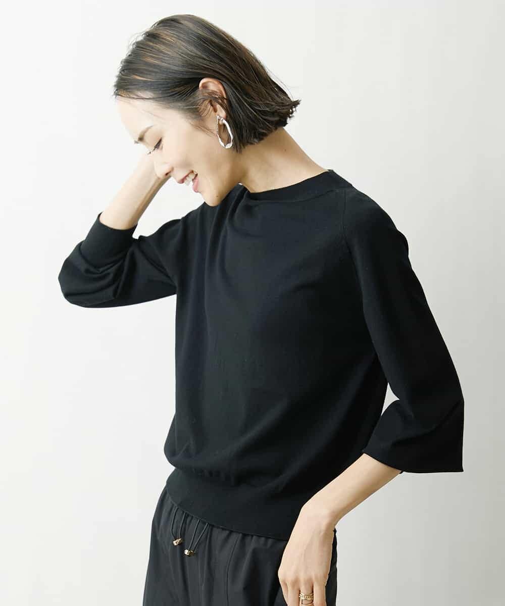 FMFDS15180 MICHEL KLEIN(ミッシェルクラン) [端境期におすすめ]ホールガーメント(R)ボトルネックニット（無地＆ボーダー） ネイビー×ホワイト(57)