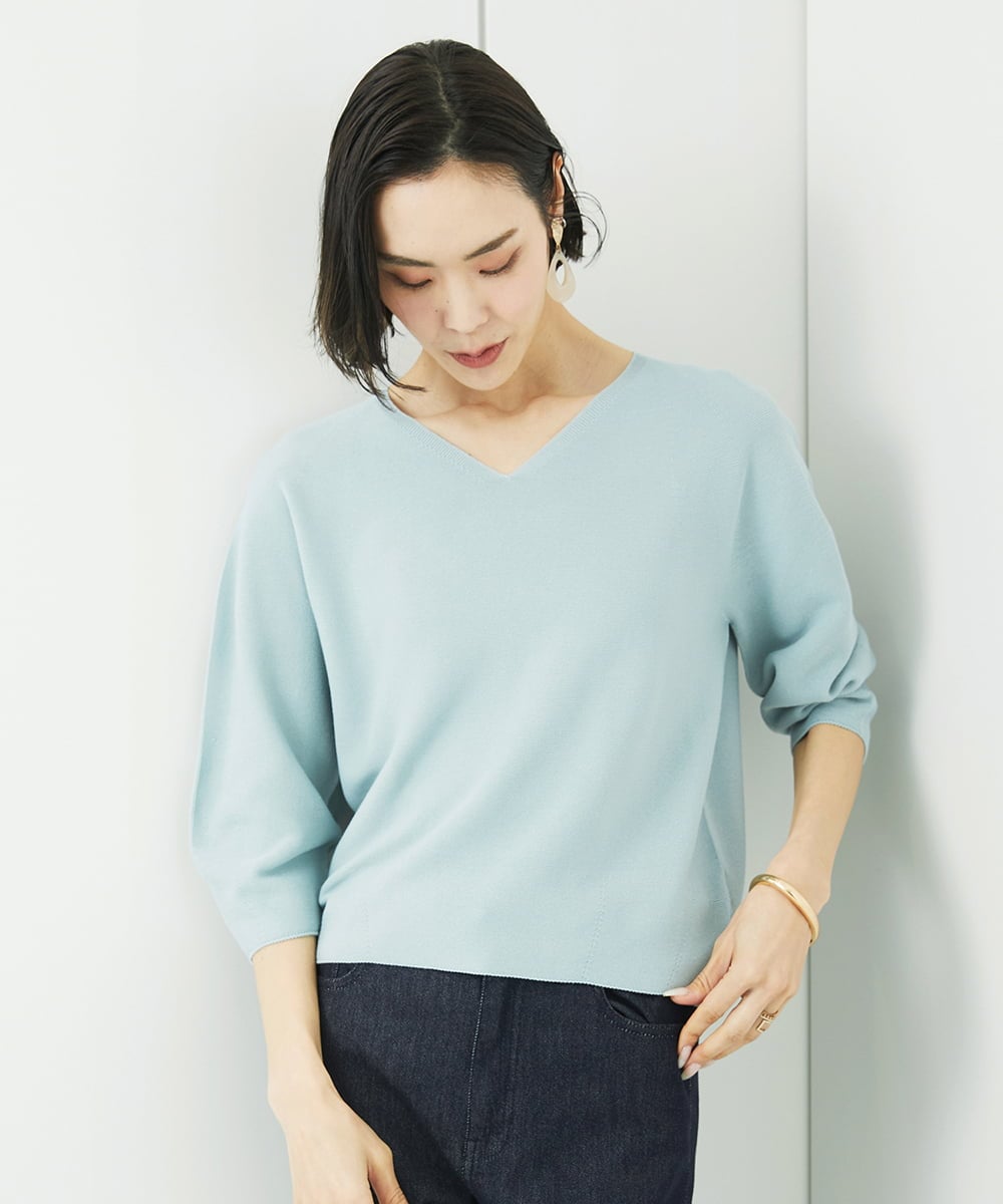 FMFFA23190 MICHEL KLEIN(ミッシェルクラン) [WEB限定カラー]ホールガーメント(R)Vネックボリュームスリーブニット ライトブルー