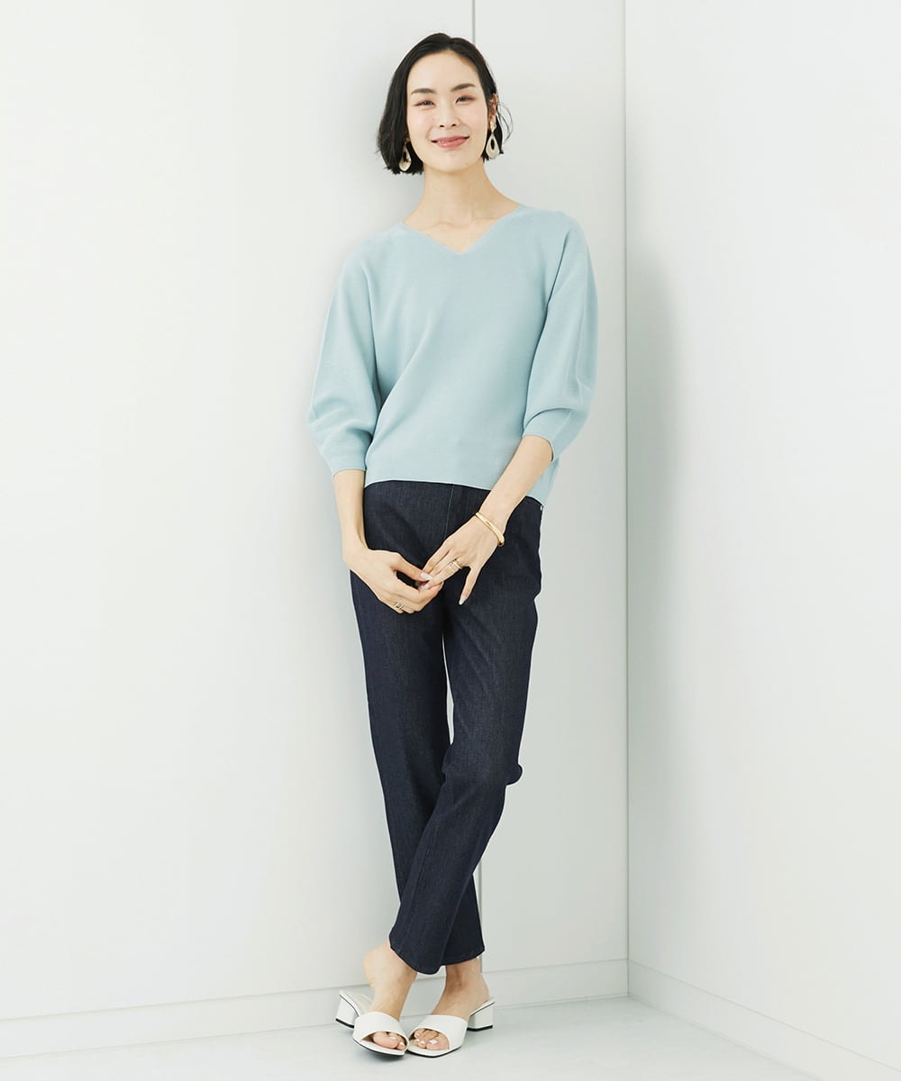 FMFFA23190 MICHEL KLEIN(ミッシェルクラン) [WEB限定カラー]ホールガーメント(R)Vネックボリュームスリーブニット ライトブルー
