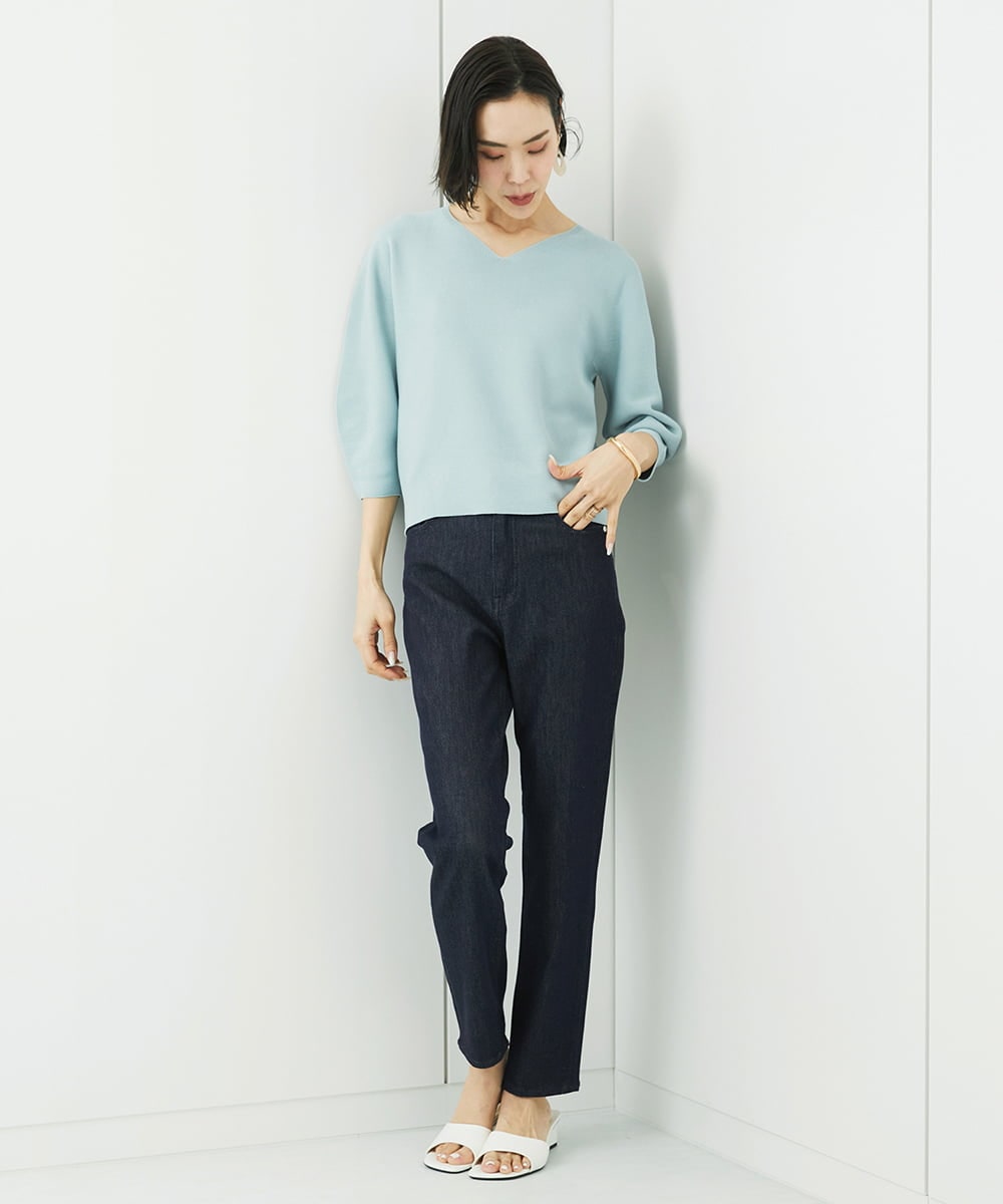 FMFFA23190 MICHEL KLEIN(ミッシェルクラン) [WEB限定カラー]ホールガーメント(R)Vネックボリュームスリーブニット ライトブルー