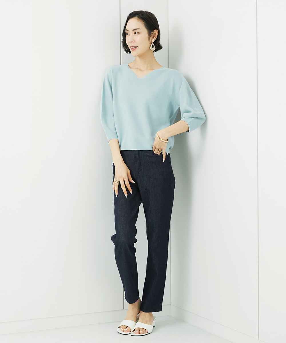 FMFFA23190 MICHEL KLEIN(ミッシェルクラン) [WEB限定カラー]ホールガーメント(R)Vネックボリュームスリーブニット ライトブルー