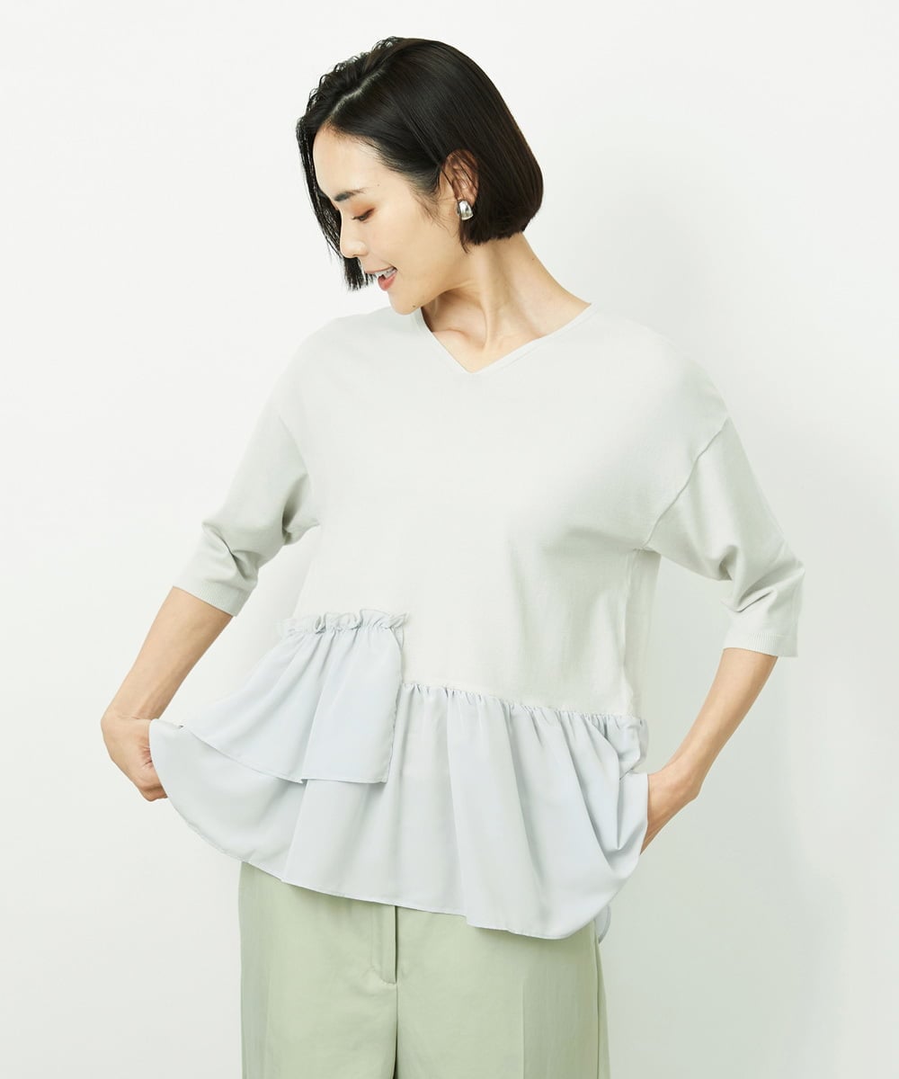 FMFFV19190 MICHEL KLEIN(ミッシェルクラン) 裾切替フレアニットプルオーバー ライトグレー