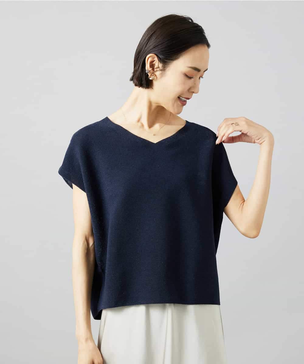 FMFGD02190 MICHEL KLEIN(ミッシェルクラン) ホールガーメント(R)Vネックラメニット ネイビー