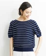 FMFHS28220 MICHEL KLEIN(ミッシェルクラン) ホールガーメント(R)半袖ニットプルオーバー（アンサンブル対応／WEB限定カラーあり） ネイビー×ホワイト(58)WEB限定カラー