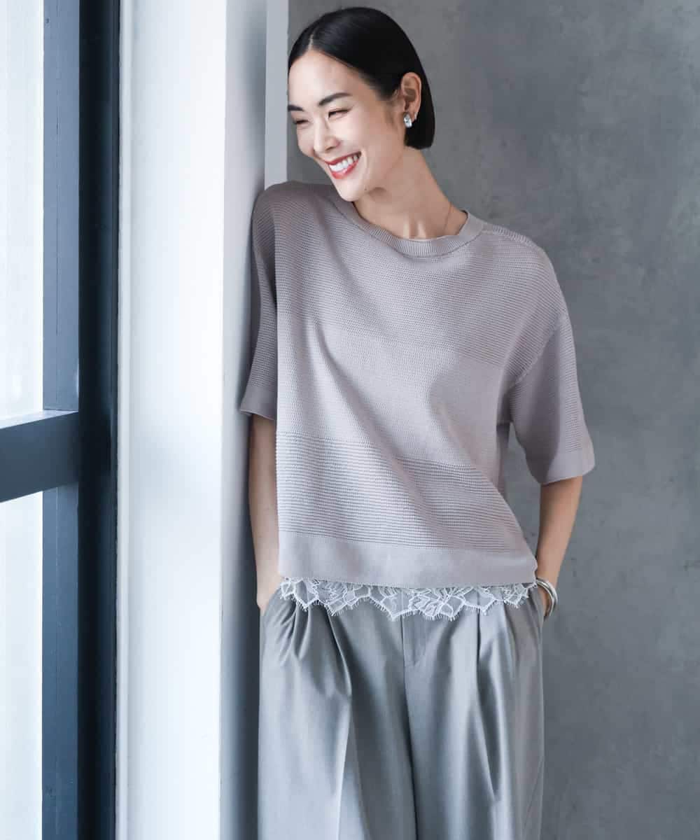 FMFJD21200 MICHEL KLEIN(ミッシェルクラン) パネル透かし柄ニット ブルー