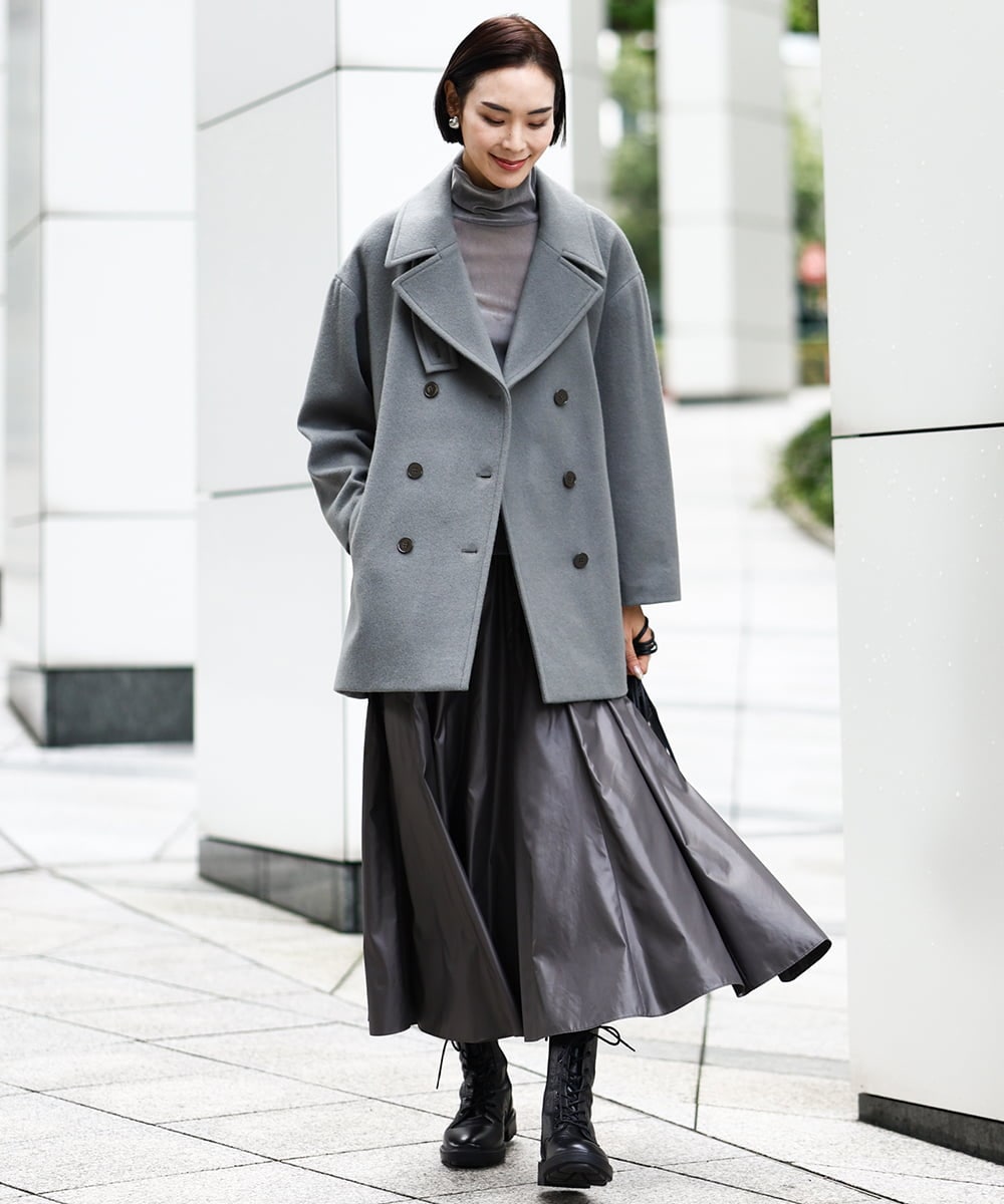 FMHAA10230 MICHEL KLEIN(ミッシェルクラン) マイクロタフタレザーライクスカート モカ