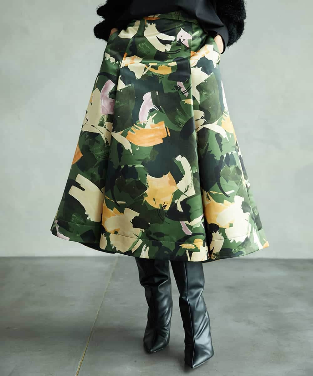 FMHAD17290 MICHEL KLEIN(ミッシェルクラン) [セットアップ対応]モダンフラワープリントタックフレアスカート　 グリーン