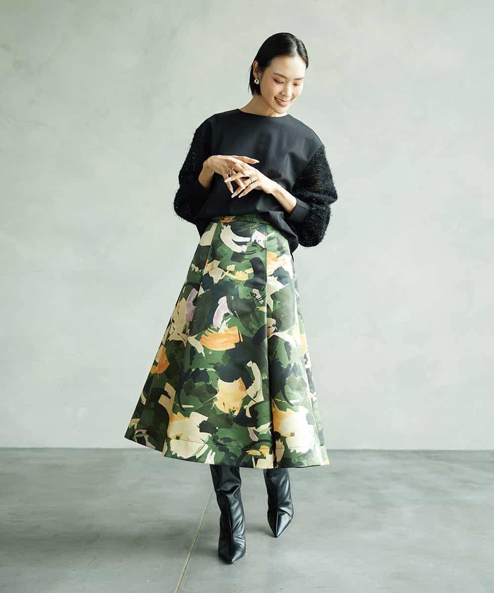 FMHAD17290 MICHEL KLEIN(ミッシェルクラン) [セットアップ対応]モダンフラワープリントタックフレアスカート　 グリーン