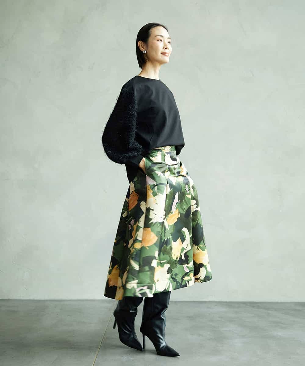 FMHAD17290 MICHEL KLEIN(ミッシェルクラン) [セットアップ対応]モダンフラワープリントタックフレアスカート　 グリーン