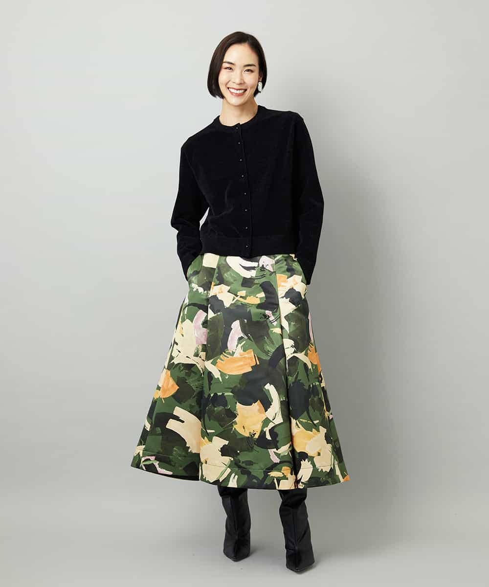 FMHAD17290 MICHEL KLEIN(ミッシェルクラン) [セットアップ対応]モダンフラワープリントタックフレアスカート　 グリーン