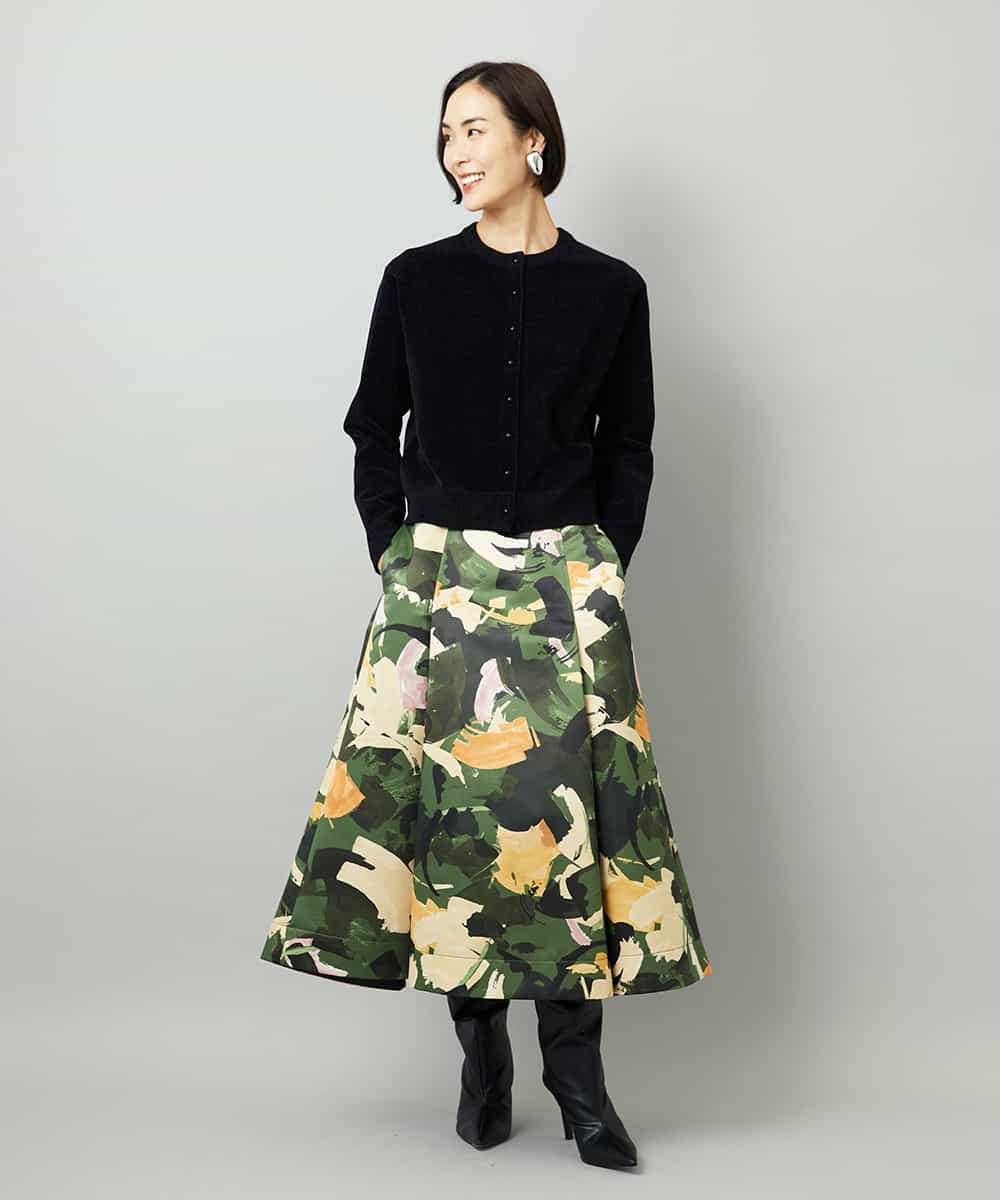 FMHAD17290 MICHEL KLEIN(ミッシェルクラン) [セットアップ対応]モダンフラワープリントタックフレアスカート　 グリーン