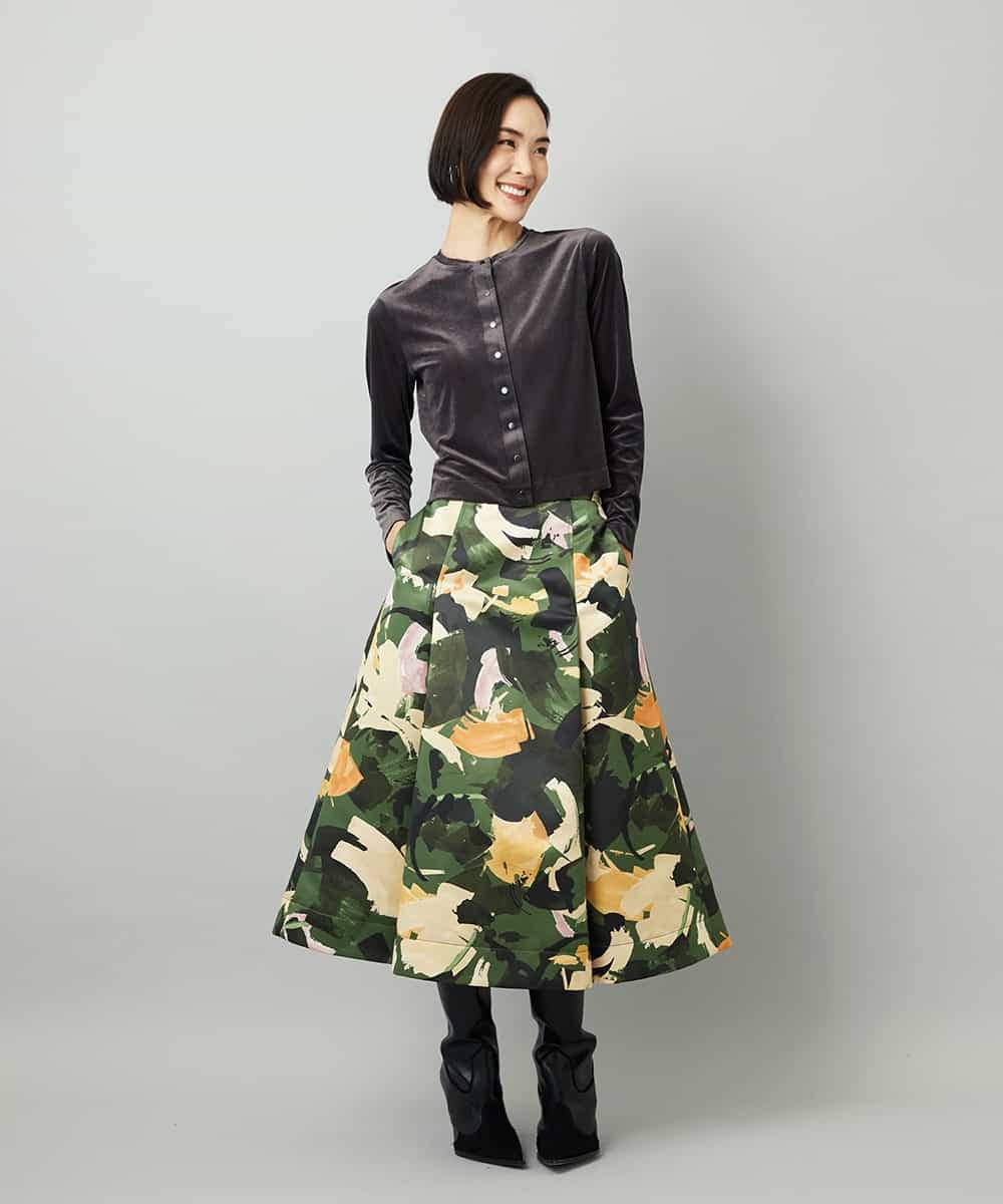 FMHAD17290 MICHEL KLEIN(ミッシェルクラン) [セットアップ対応]モダンフラワープリントタックフレアスカート　 グリーン