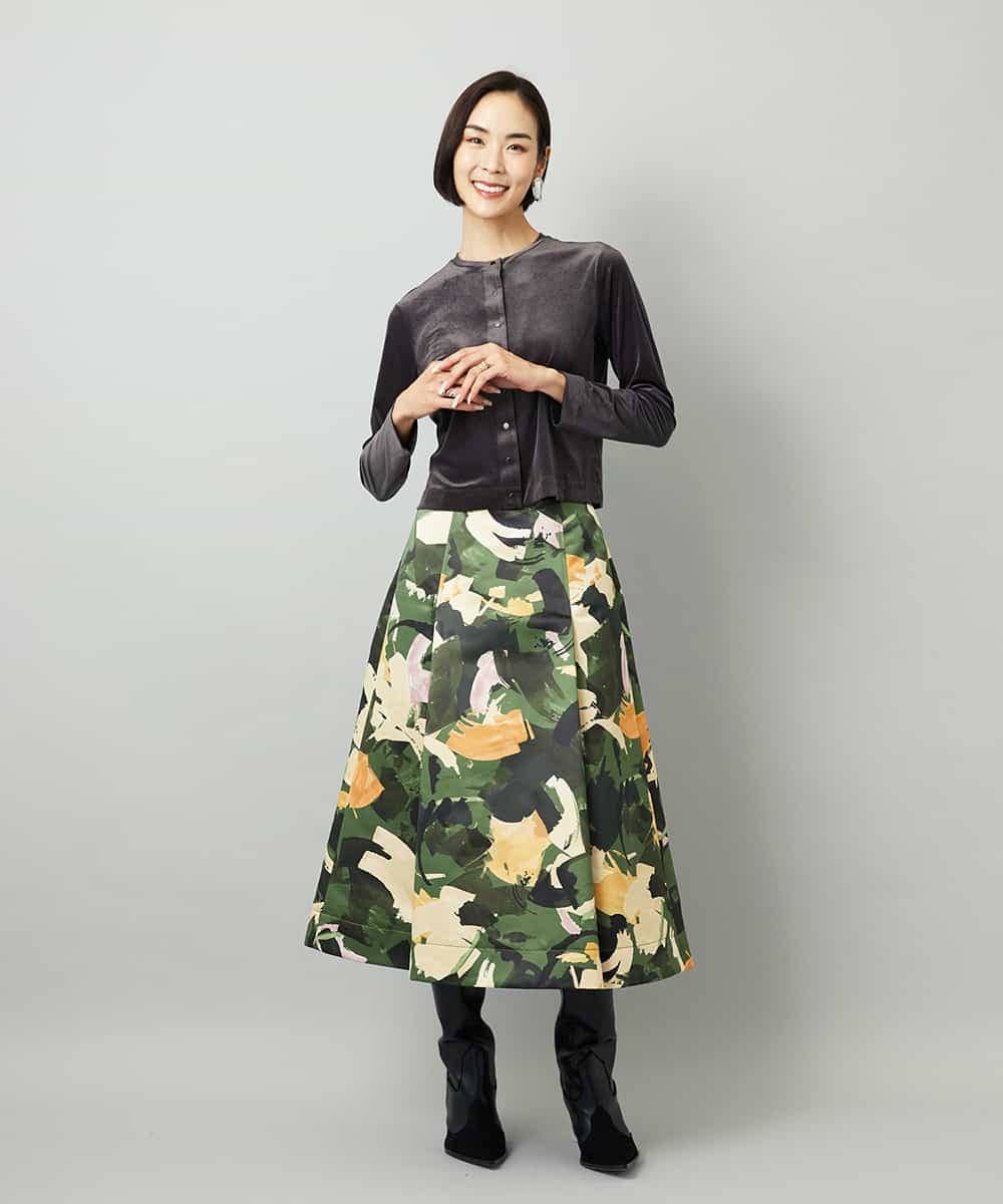 FMHAD17290 MICHEL KLEIN(ミッシェルクラン) [セットアップ対応]モダンフラワープリントタックフレアスカート　 グリーン