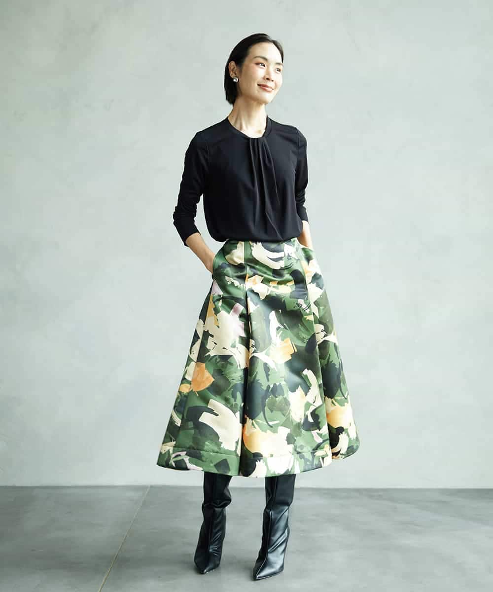 FMHAD17290 MICHEL KLEIN(ミッシェルクラン) [セットアップ対応]モダンフラワープリントタックフレアスカート　 グリーン