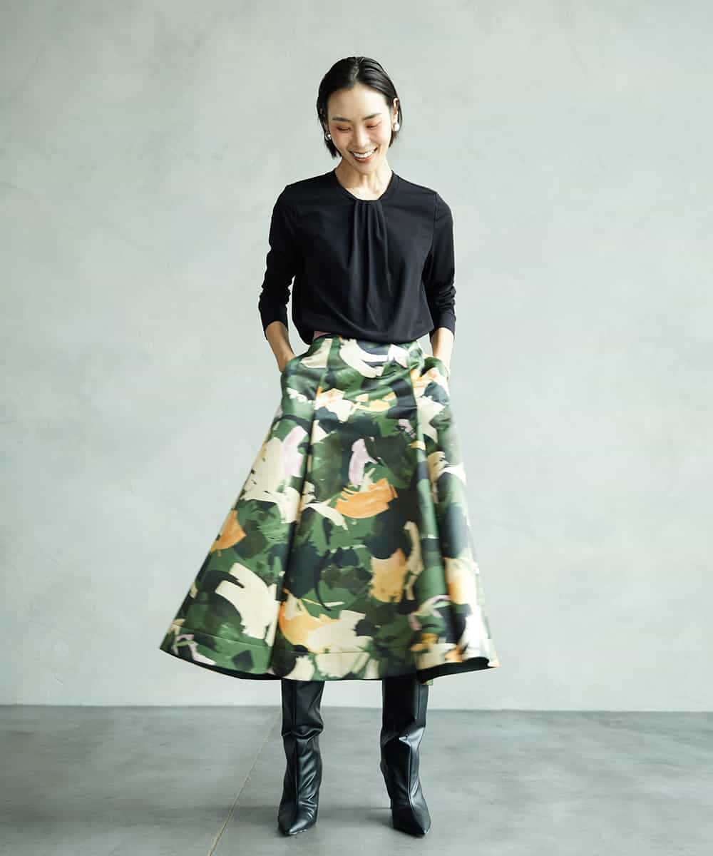 FMHAD17290 MICHEL KLEIN(ミッシェルクラン) [セットアップ対応]モダンフラワープリントタックフレアスカート　 グリーン