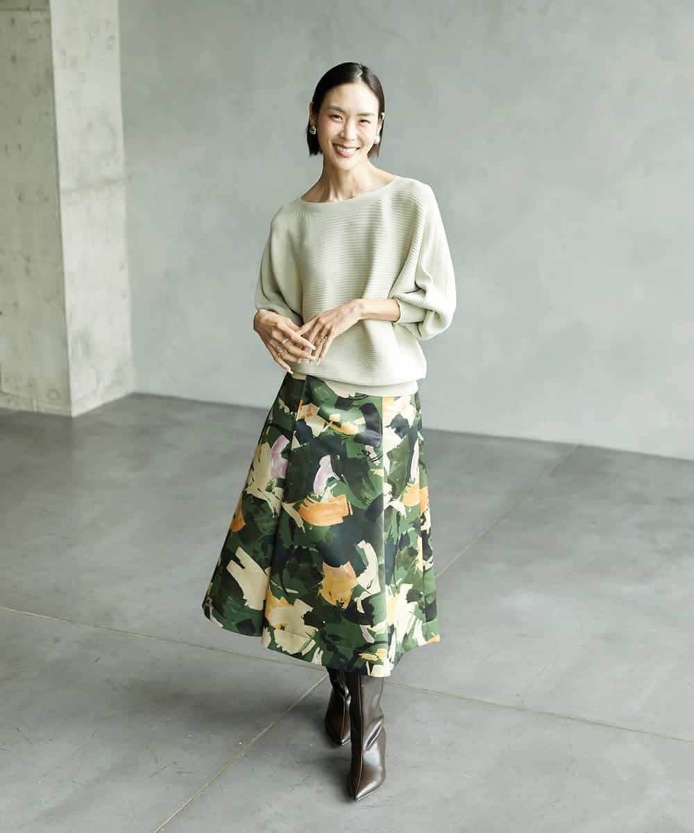 FMHAD17290 MICHEL KLEIN(ミッシェルクラン) [セットアップ対応]モダンフラワープリントタックフレアスカート　 グリーン