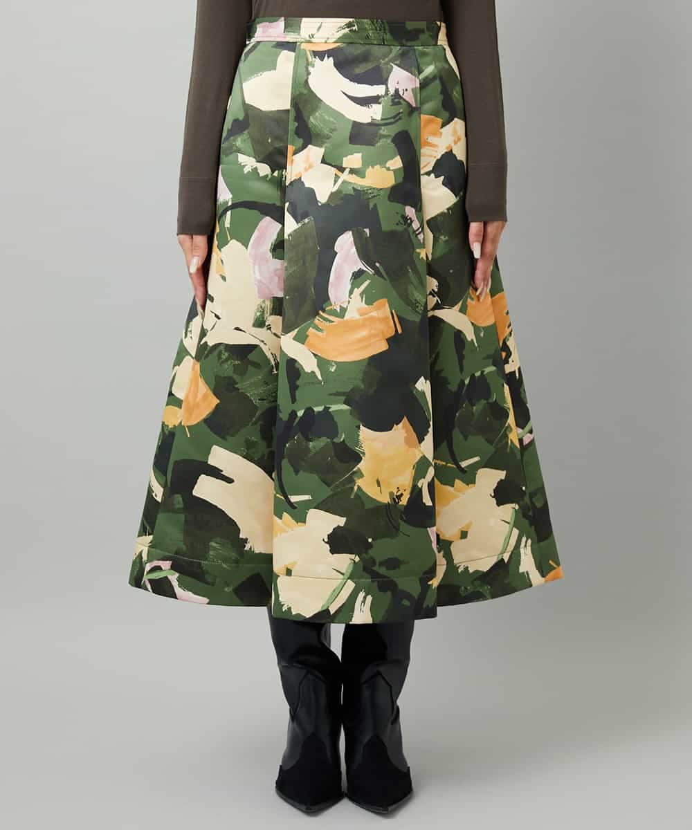 FMHAD17290 MICHEL KLEIN(ミッシェルクラン) [セットアップ対応]モダンフラワープリントタックフレアスカート　 グリーン