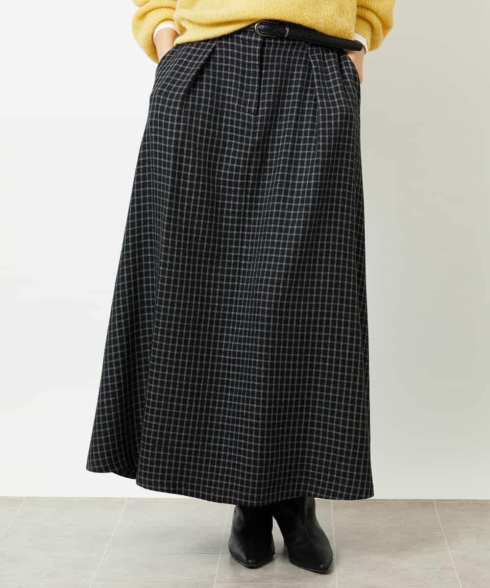 FMHBD24240 MICHEL KLEIN(ミッシェルクラン) ミモレ丈チェック柄Aラインスカート ブラック