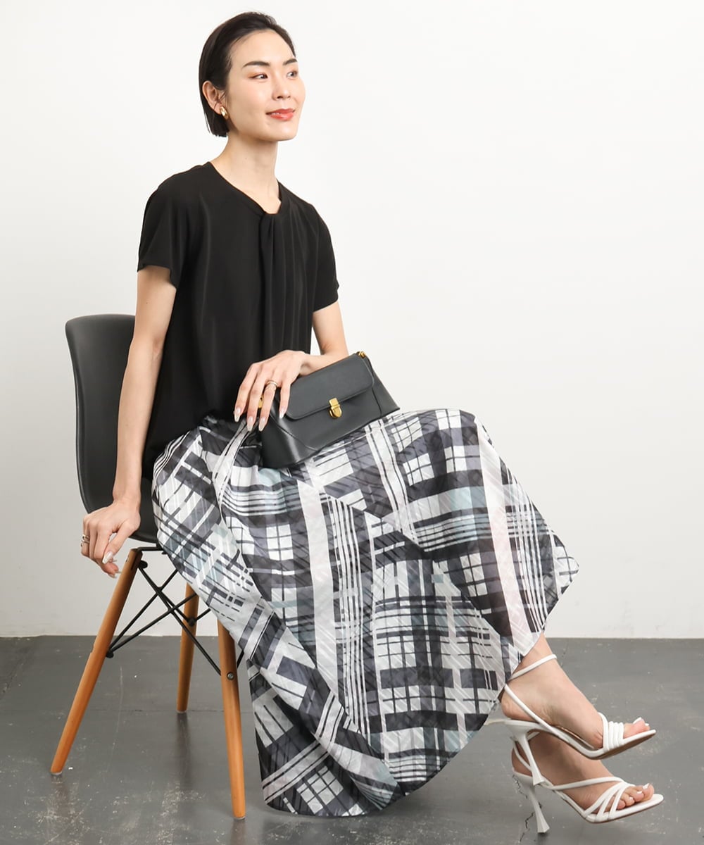 FMHGA04360 MICHEL KLEIN(ミッシェルクラン) ［オリジナルプリント］シアーチェックスカート グリーン