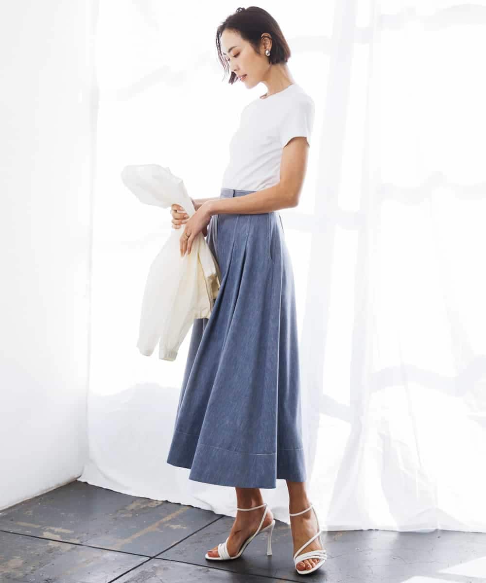 FMHGD08290 MICHEL KLEIN(ミッシェルクラン) デニムライクシャンブレー Aラインスカート ネイビー