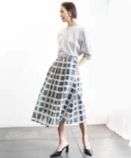 FMHGD10400 MICHEL KLEIN(ミッシェルクラン) [セットアップ対応]チェック柄タックフレアスカート アイボリー