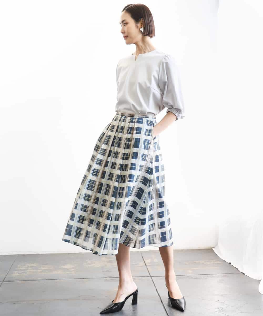 FMHGD10400 MICHEL KLEIN(ミッシェルクラン) [セットアップ対応]チェック柄タックフレアスカート アイボリー