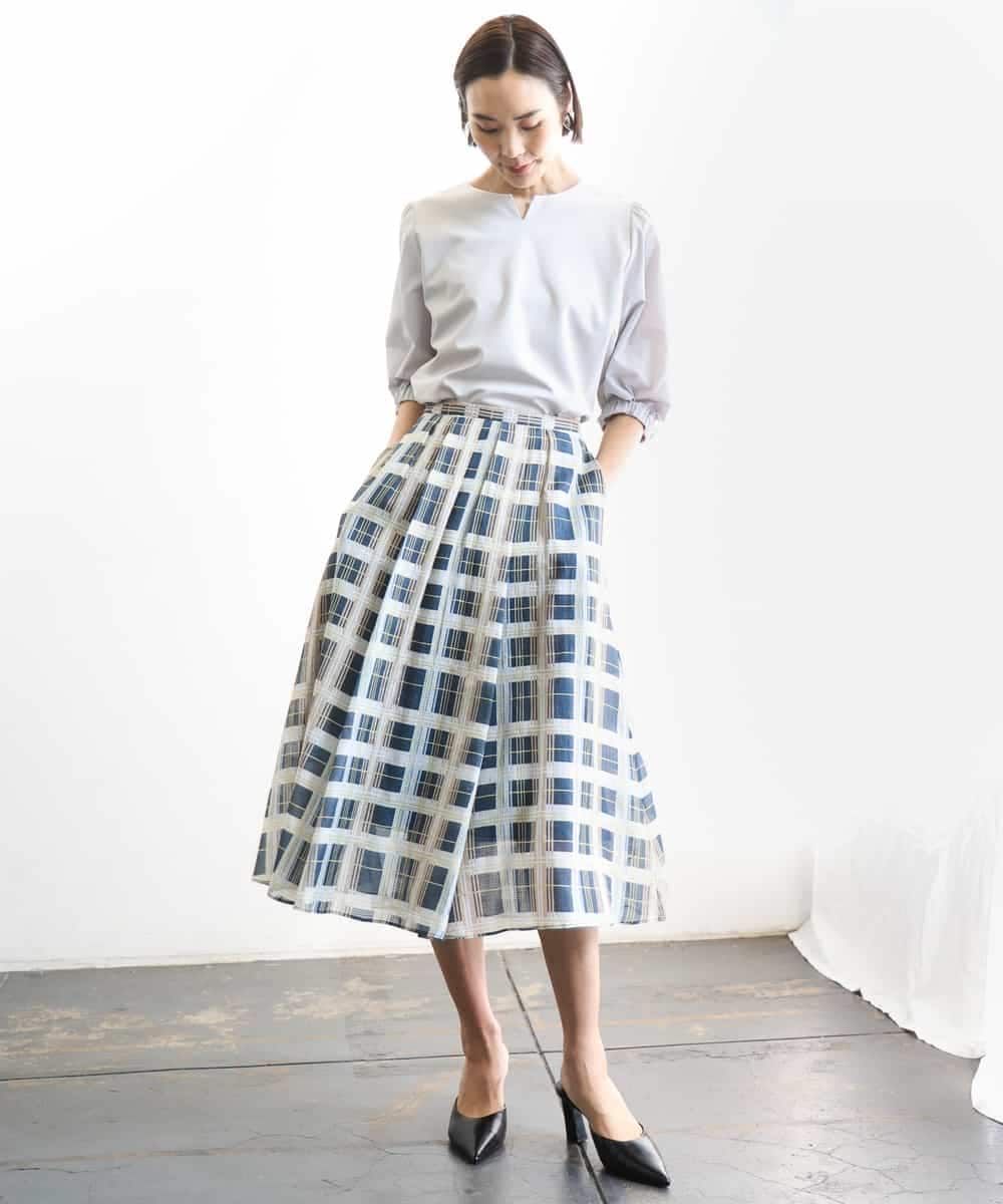 FMHGD10400 MICHEL KLEIN(ミッシェルクラン) [セットアップ対応]チェック柄タックフレアスカート アイボリー