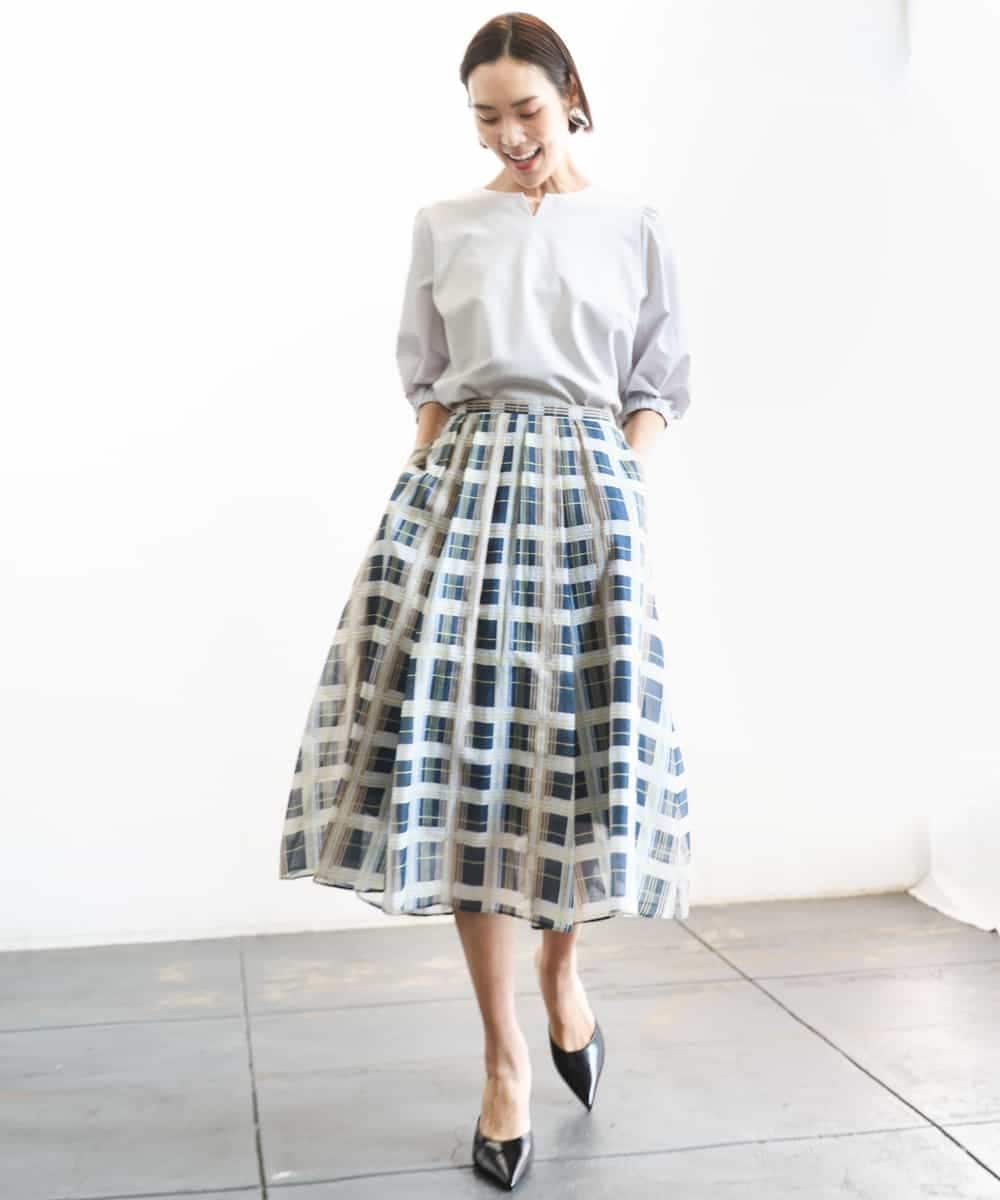 FMHGD10400 MICHEL KLEIN(ミッシェルクラン) [セットアップ対応]チェック柄タックフレアスカート アイボリー