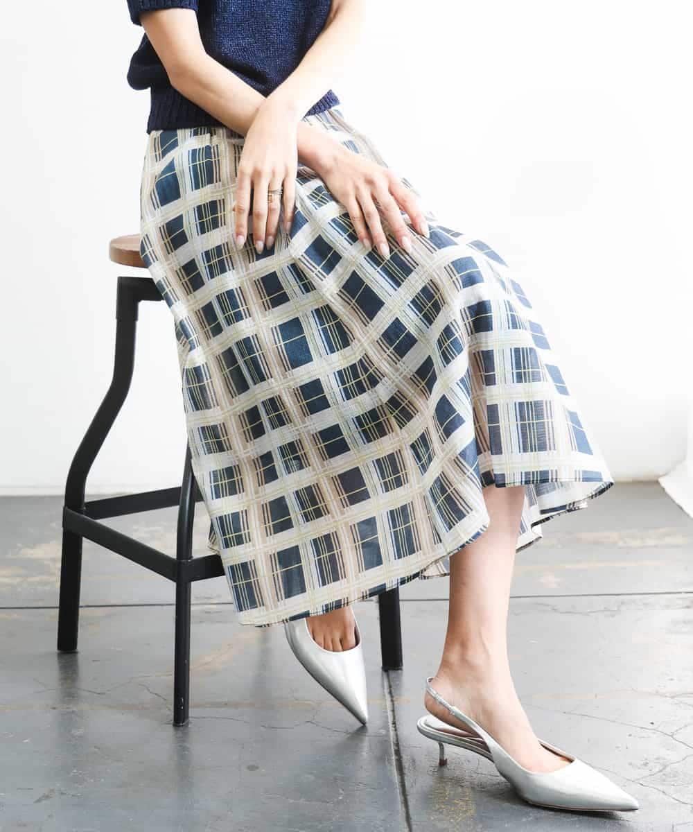 FMHGD10400 MICHEL KLEIN(ミッシェルクラン) [セットアップ対応]チェック柄タックフレアスカート アイボリー