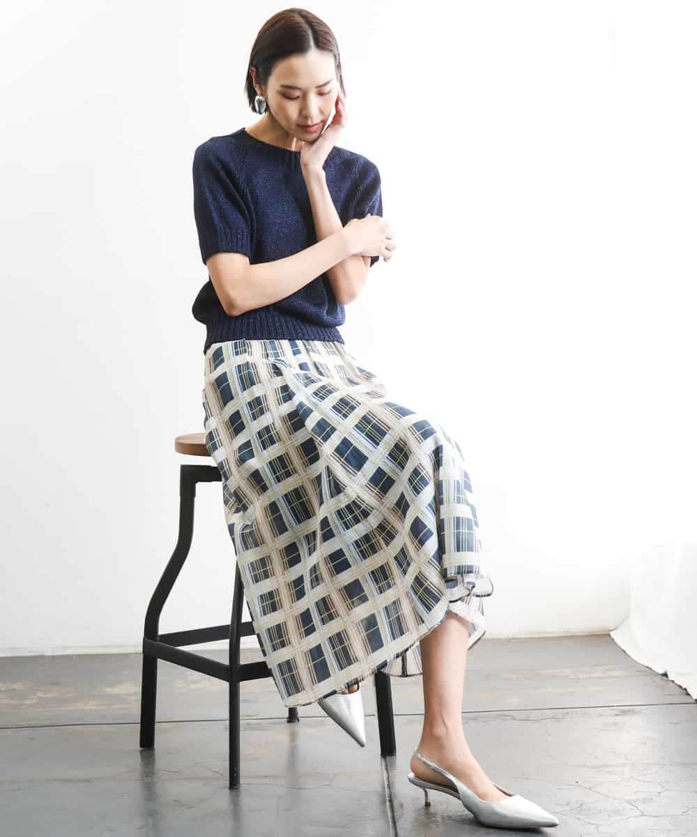 FMHGD10400 MICHEL KLEIN(ミッシェルクラン) [セットアップ対応]チェック柄タックフレアスカート アイボリー