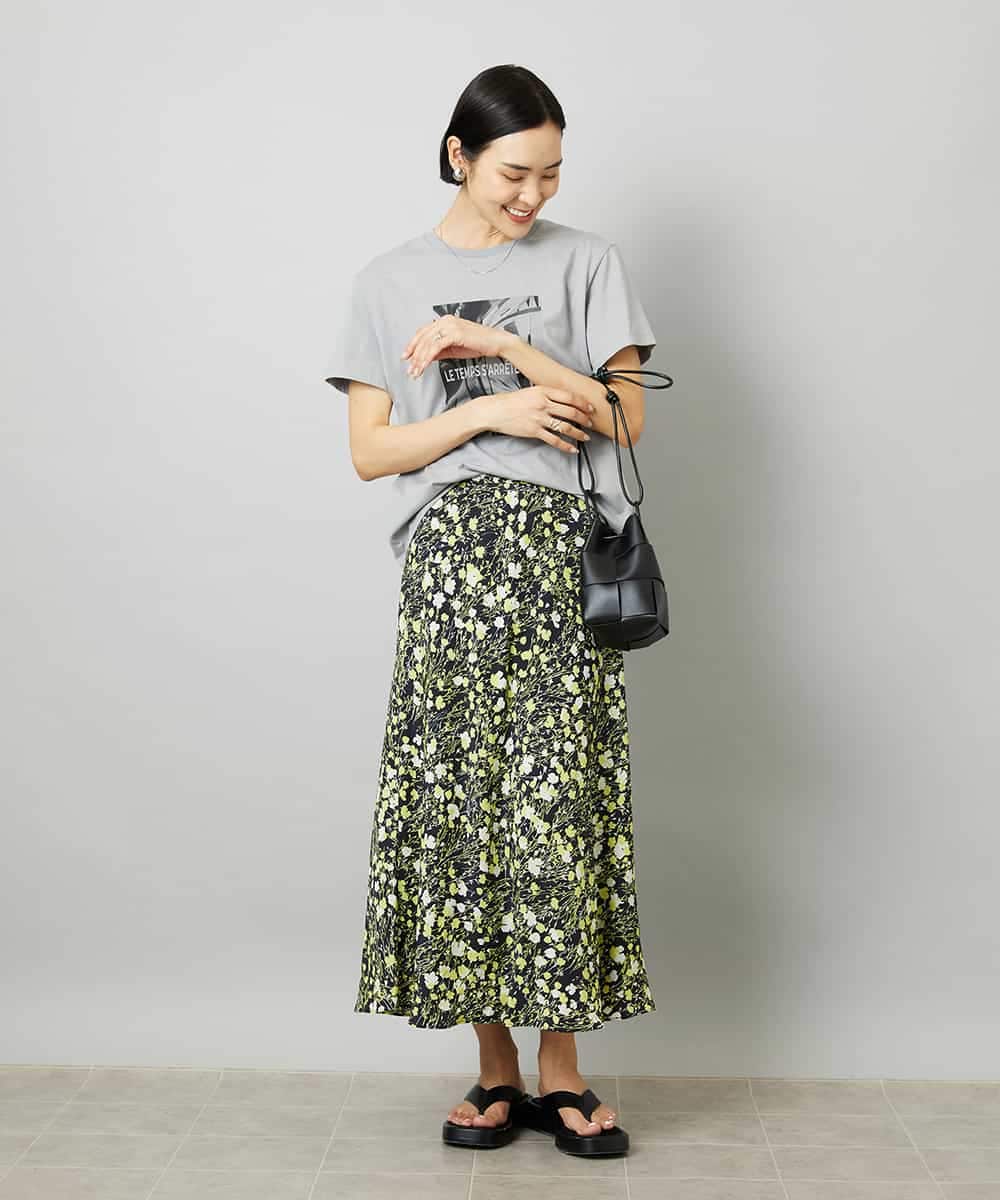 FMHHD01330 MICHEL KLEIN(ミッシェルクラン) [オリジナルプリント/リラックスボトム]シャドウフラワー プリントスカート ホワイト