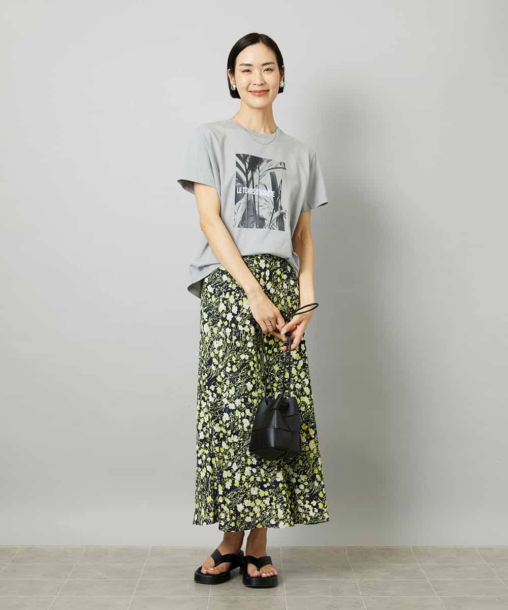 FMHHD01330 MICHEL KLEIN(ミッシェルクラン) [オリジナルプリント/リラックスボトム]シャドウフラワー プリントスカート ホワイト