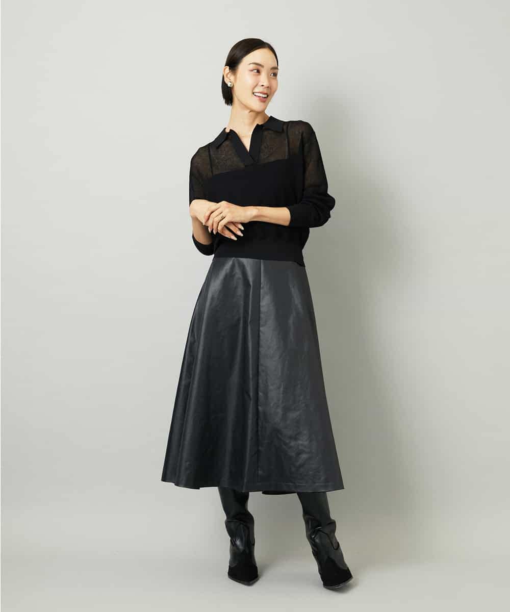 FMHJA33280 MICHEL KLEIN(ミッシェルクラン) フェイクレザーフレアスカート ブラック
