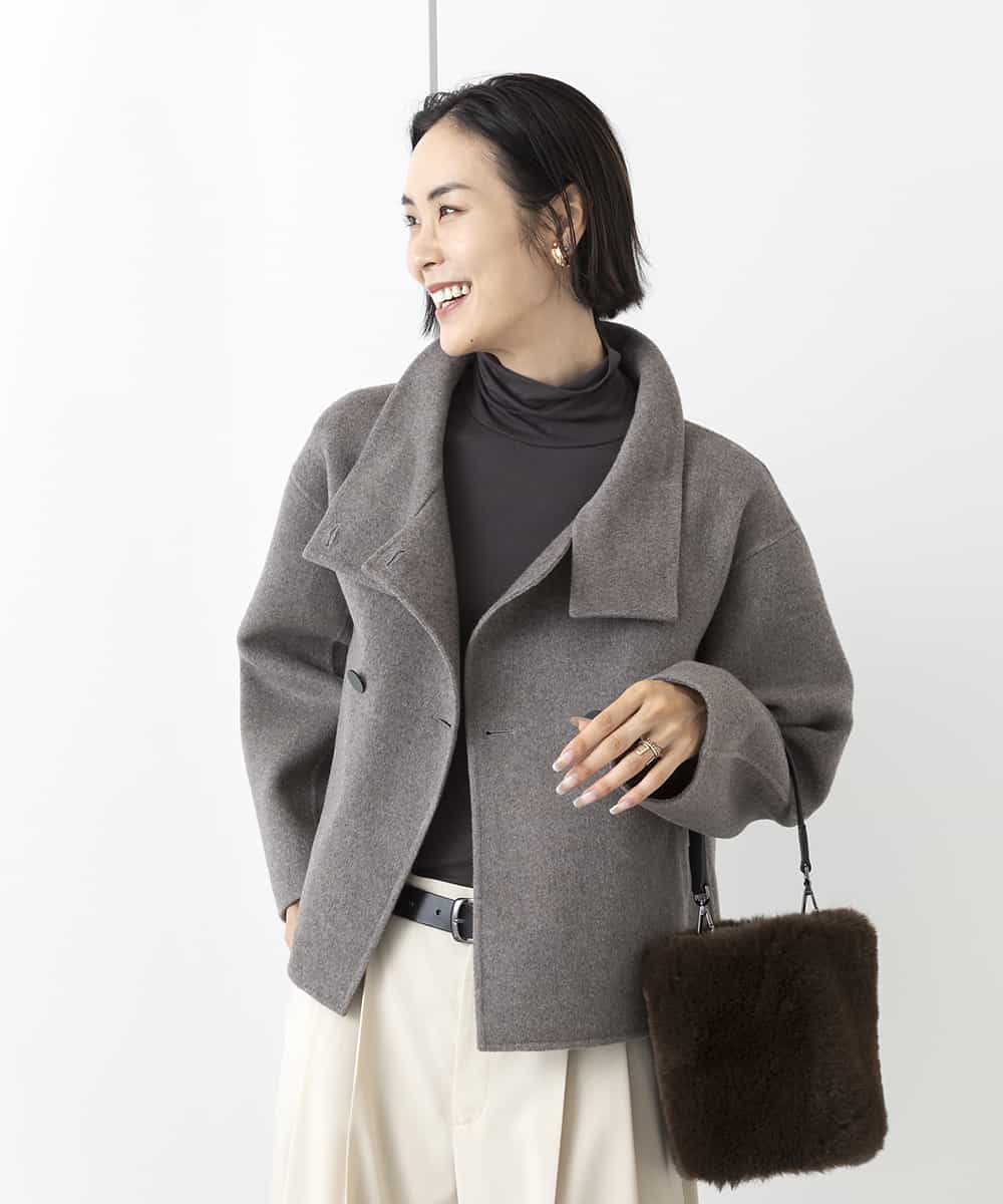 FMJAA06540 MICHEL KLEIN(ミッシェルクラン) SUPER100sラムウールスタンドカラーショートコート モカ