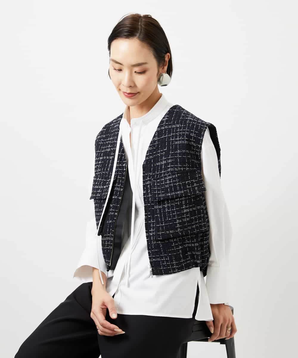 FMJDD11330 MICHEL KLEIN(ミッシェルクラン) ファンシーツイード フィッシャーマンジレ ネイビー