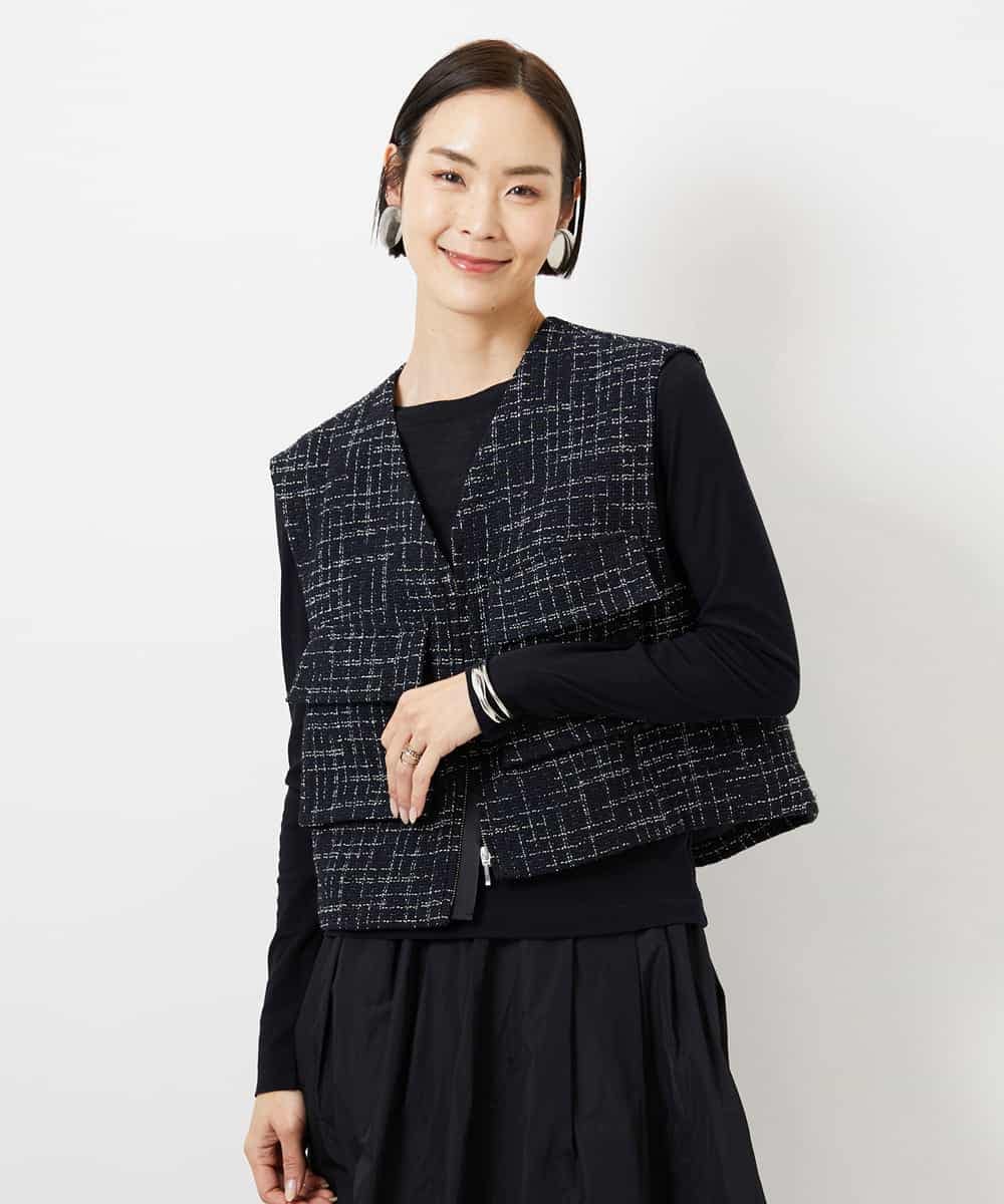 FMJDD11330 MICHEL KLEIN(ミッシェルクラン) ファンシーツイード フィッシャーマンジレ ネイビー