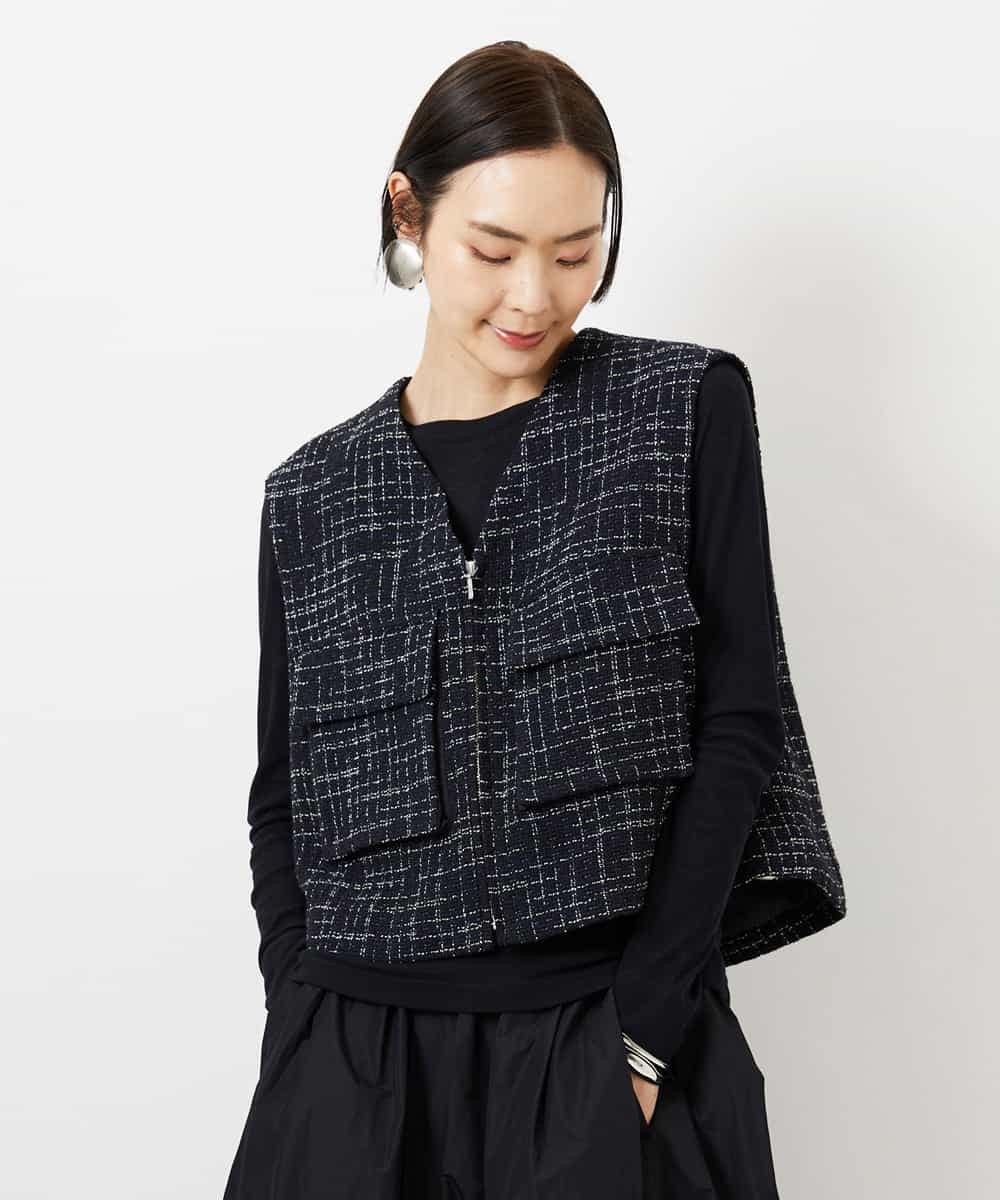 FMJDD11330 MICHEL KLEIN(ミッシェルクラン) ファンシーツイード フィッシャーマンジレ ネイビー