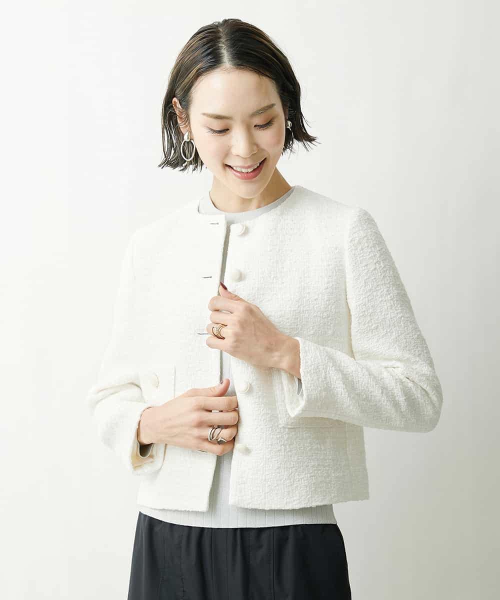 FMJDS12460 MICHEL KLEIN(ミッシェルクラン) [オリジナル素材]2WAYファンシーツイードノーカラージャケット アイボリー(80)