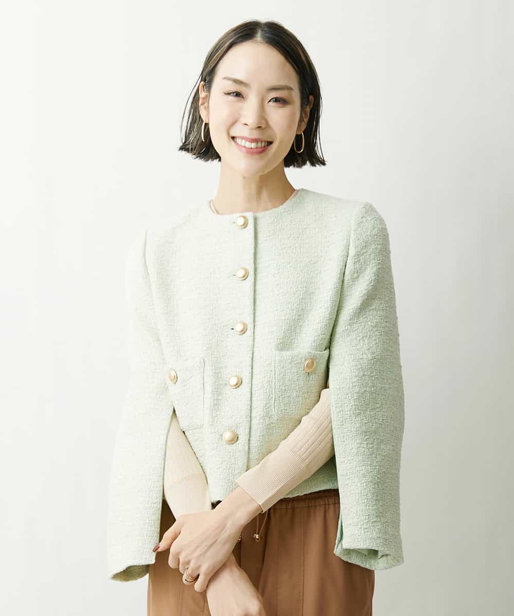FMJDS12460 MICHEL KLEIN(ミッシェルクラン) [オリジナル素材]2WAYファンシーツイードノーカラージャケット アイボリー(80)